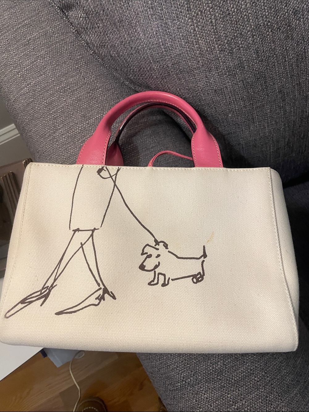 kate spade Cream Canvas Tote with Pink Handles and Dog Sketch